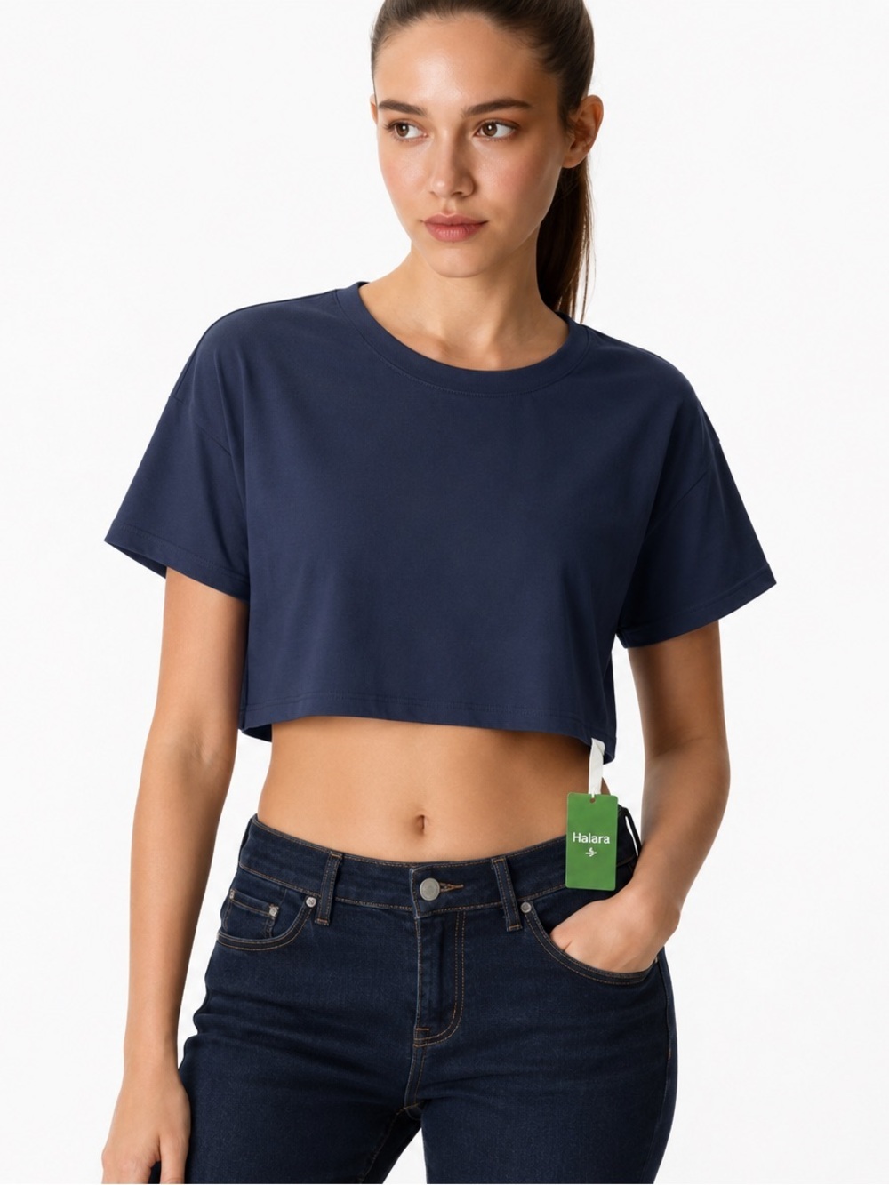 HALARA Navy Cropped Crew Tee for Women